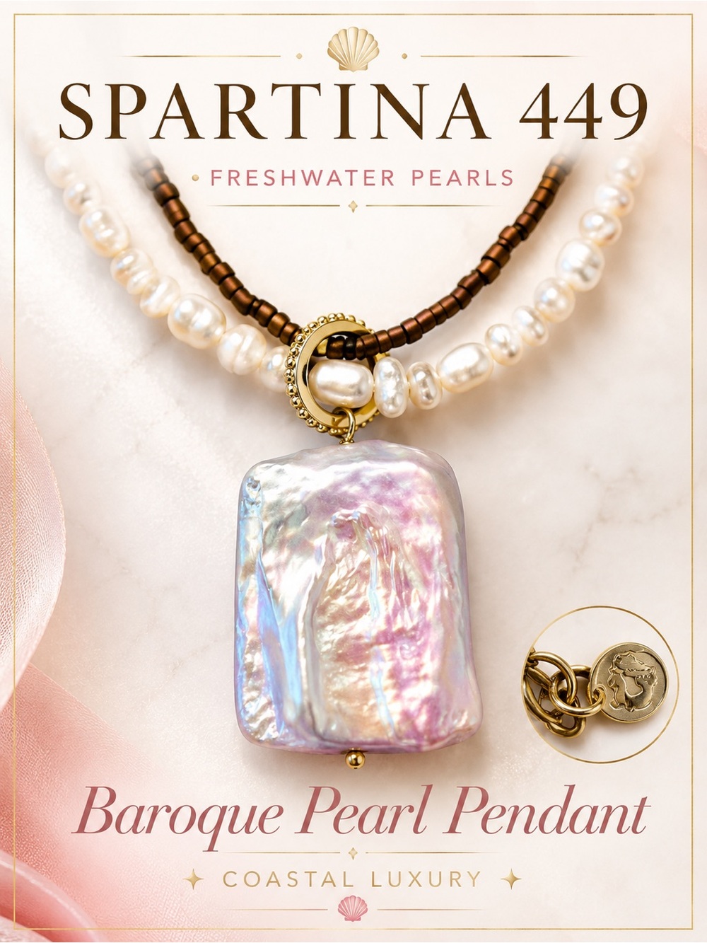 Spartina 449 Freshwater Pearl Double Strand Necklace Baroque Pearl Pendant 18.5”